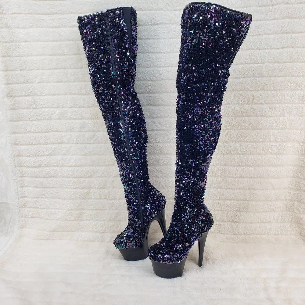 Black Multi Stretch Sequin Platform 7" Heels Thigh High Boots 3020